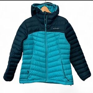 Wmns Columbia 650 Two-Tone Teal/Green Hooded Down Puffer Jacket Winter Snow Warm